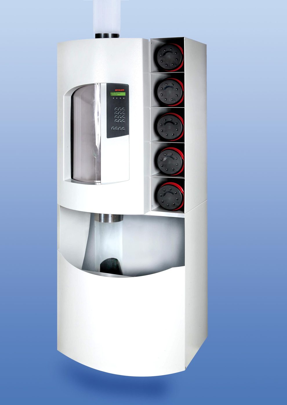 Modern pneumatic tube station with a carrier in the launch position and others stored beside it