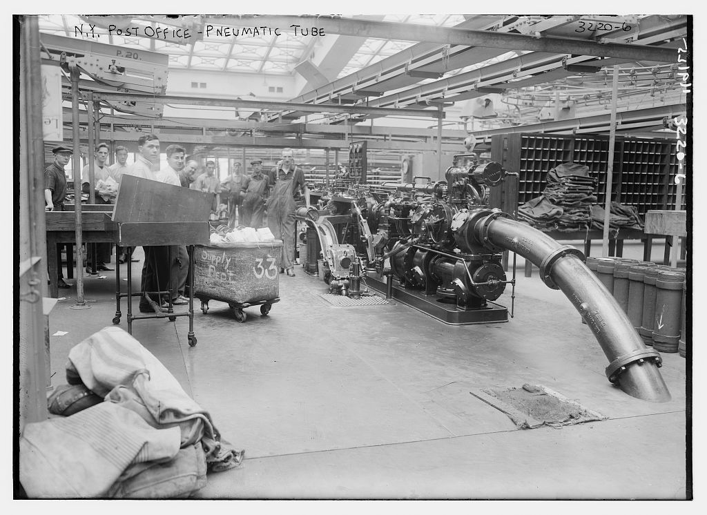 Pneumatic mail tubes at the New York Post Office, photographed by Bain News Service around 1914–1915