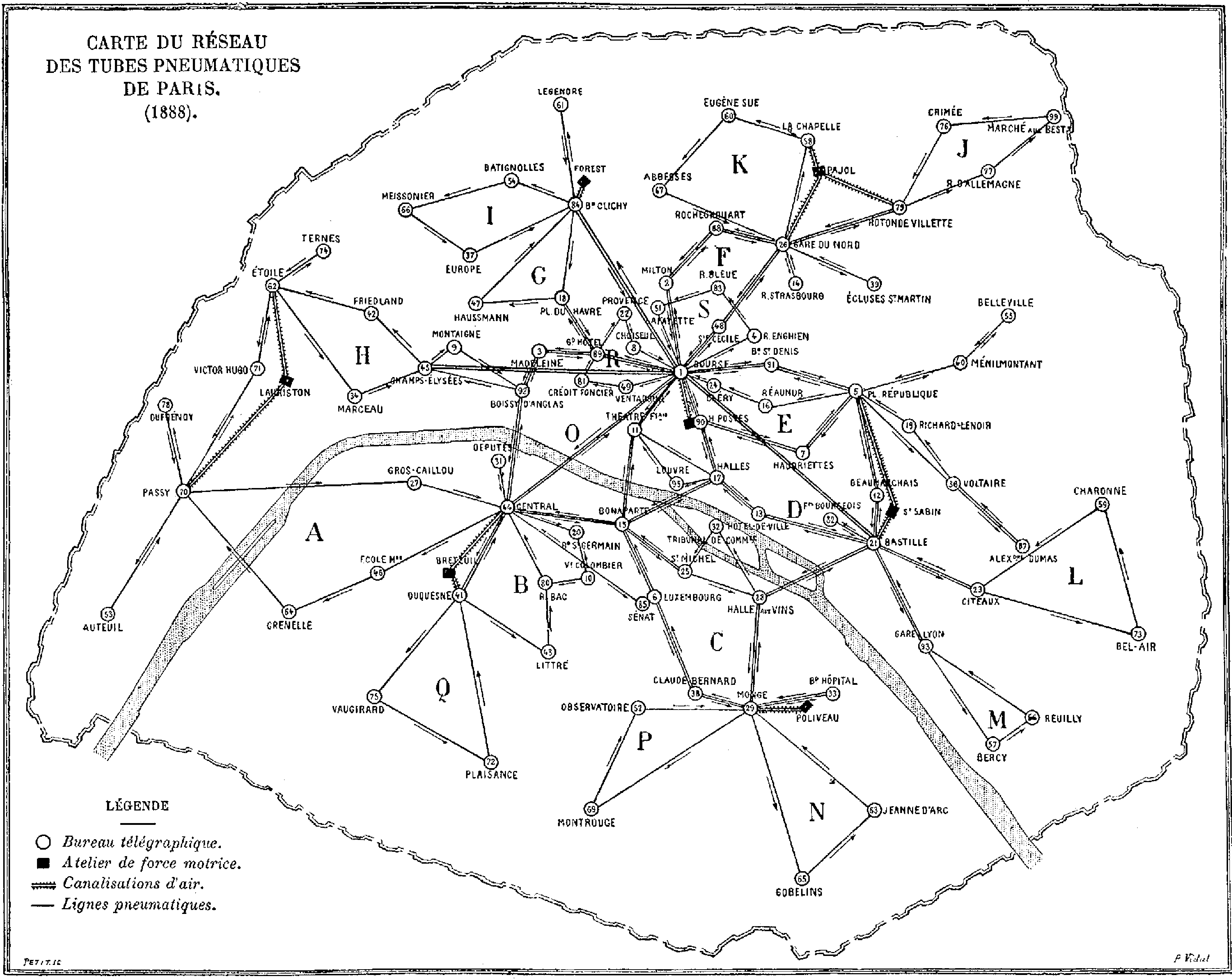 1888 map of the Paris pneumatic tube network by Louis Figuier