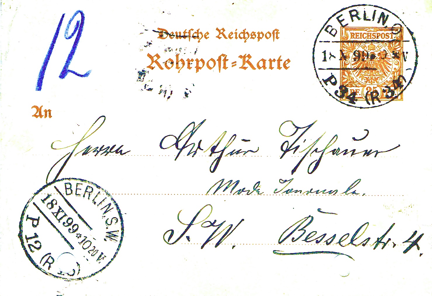 Reichspost pneumatic post stationery, 25 Pfennig, 1899