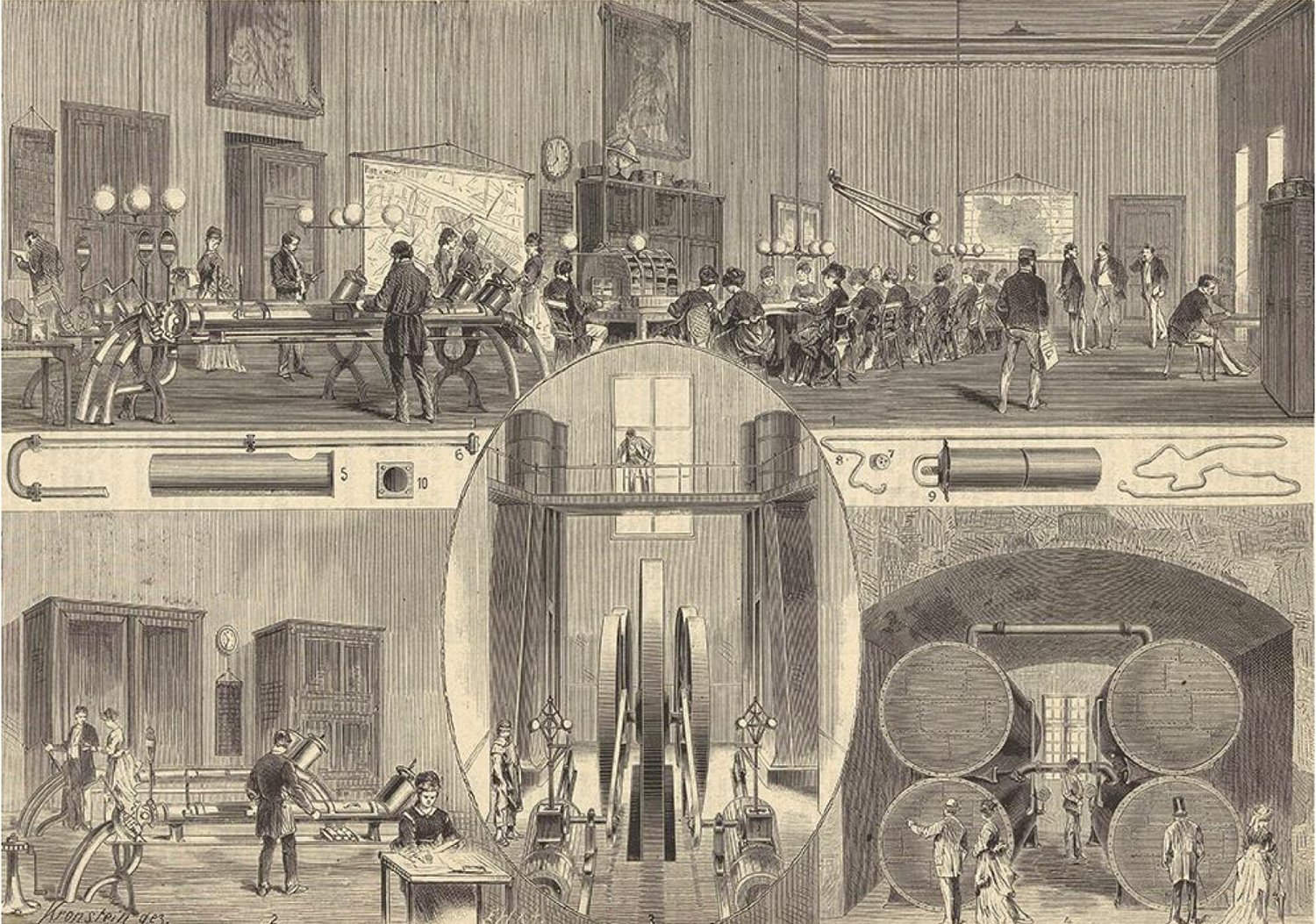 1876 illustration of Vienna pneumatic post by August Stefan Kronstein